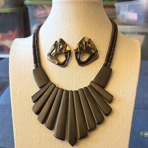 Vintage Dark Brown Mahogany Necklace with Pierced Vintage Earrings.